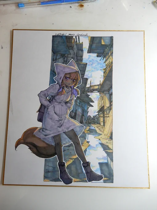 【アナログ1966:鏡の道】雨上がりの路地裏で。都合で絵のカウントが飛んでいます。 #水彩 #色紙 #原画 #狐娘
