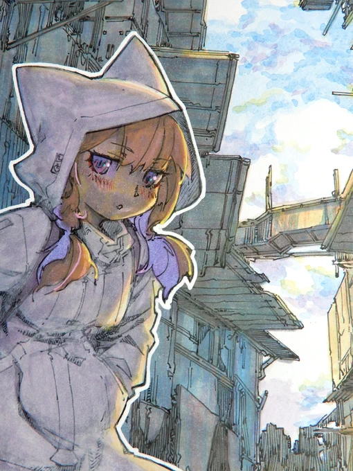 【アナログ1966:鏡の道】雨上がりの路地裏で。都合で絵のカウントが飛んでいます。 #水彩 #色紙 #原画 #狐娘