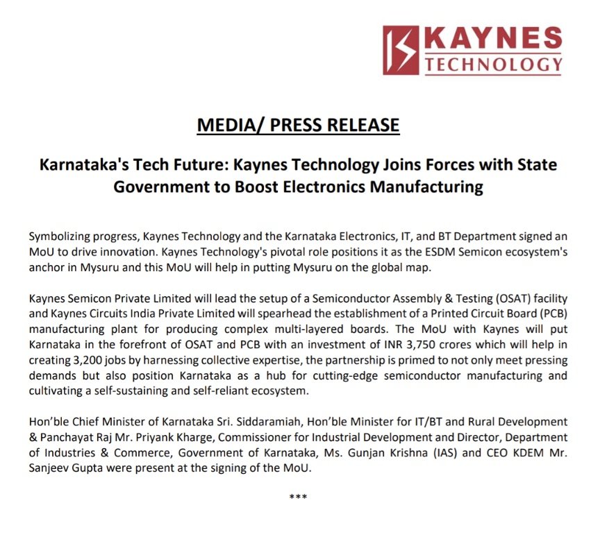IndexKarnataka's tweet image. Kaynes Technology joins forces with Karnataka Govt to boost electronics manufacturing

#Mysuru #PCB #OSAT 

Investment: 3750 Crores
Employment: 3200