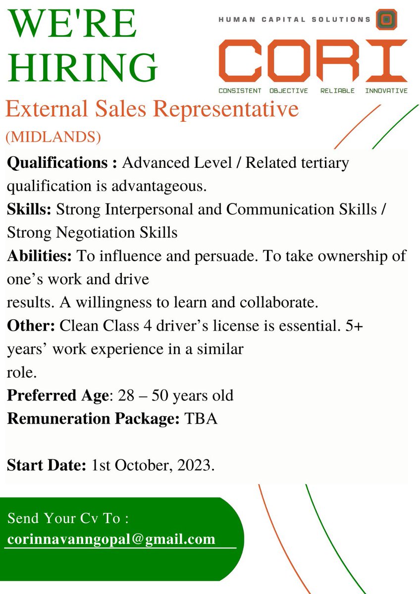 EXTERNAL SALES REPRESENTATIVE - Midlands

We’re hiring for an exciting regional post for a leading hardware retailer. 
Interested candidates to send their cv to corinnavanngopal@gmail.com by  Friday, 15th September 2023. 

corihcs.com/job-listings

#SalesJobs 
#recruitment
