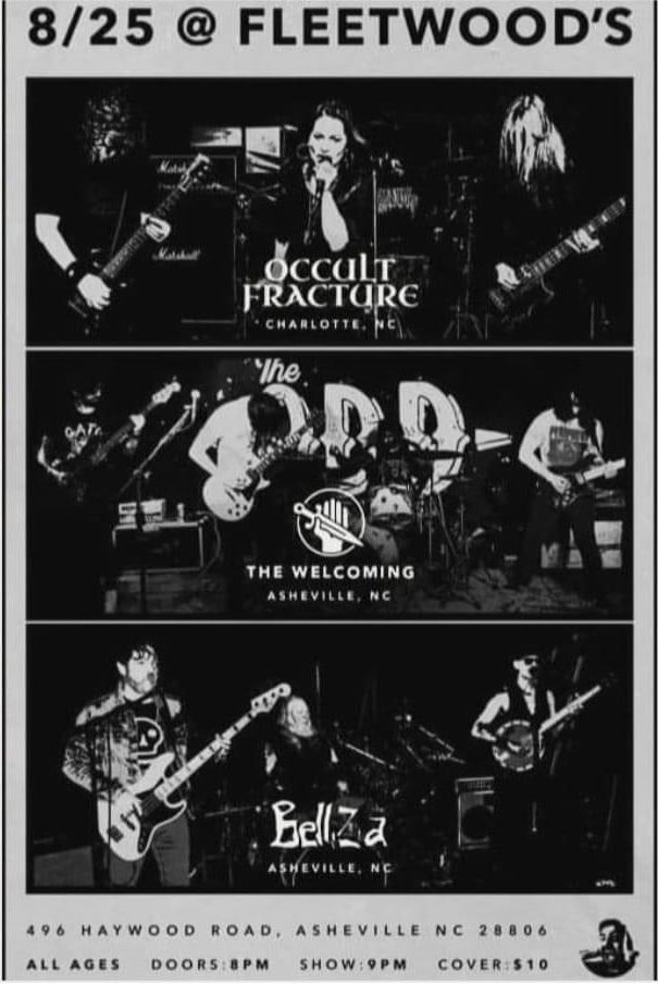 Occult Fracture (@occultfracture) on Twitter photo Hey Asheville NC - come get extra loud with us at Fleetwoods. We can’t wait to share the stage with <a href="/the_welcoming/">The Welcoming</a> & BelliZia! Friday 8/25 <a href="/AngelBeeBass/">Angel Rot</a> <a href="/stopdroprot/">Mike Rot</a> <a href="/geishagrrrl/">Crystal Crosby</a> Hey Asheville NC - come get extra loud with us at Fleetwoods. We can’t wait to share the stage with <a href="/the_welcoming/">The Welcoming</a> & BelliZia! Friday 8/25 <a href="/AngelBeeBass/">Angel Rot</a> <a href="/stopdroprot/">Mike Rot</a> <a href="/geishagrrrl/">Crystal Crosby</a>