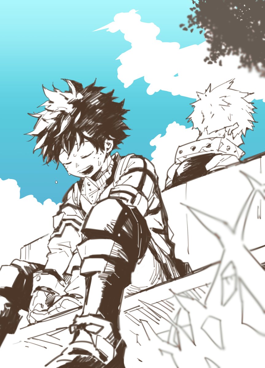 bakugou katsuki ,midoriya izuku multiple boys 2boys male focus sitting closed eyes spiked hair freckles  illustration images