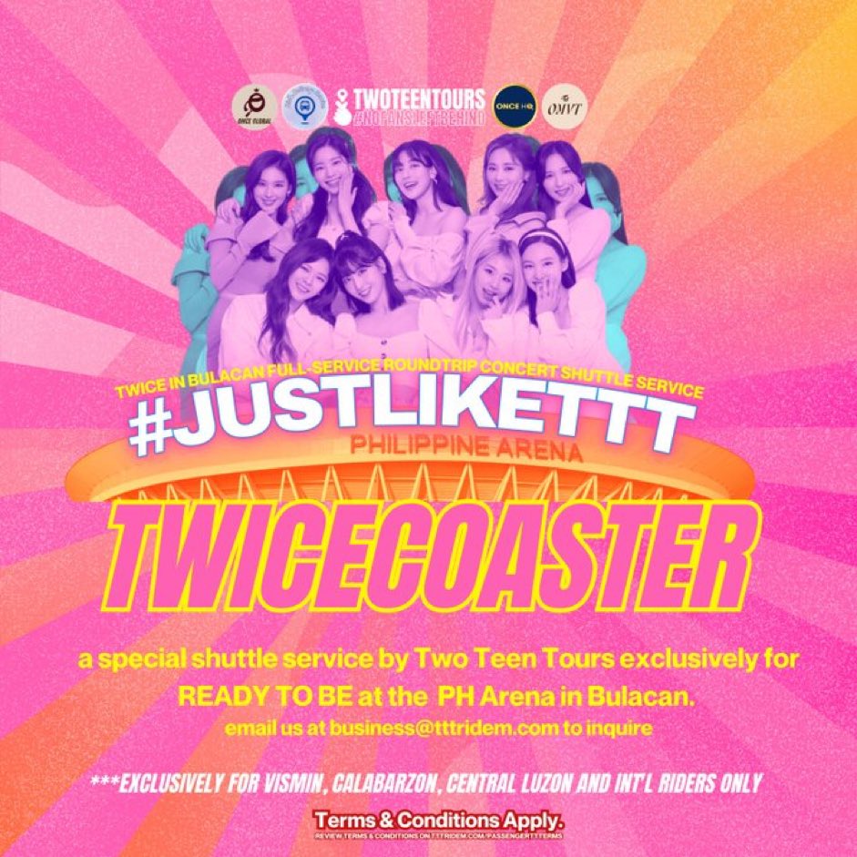 twoteentours's tweet photo. TWICECOASTER: a special shuttle service to Philippine Arena Bulacan for ONCEs outside Metro Manila. Ideal for bookings in areas without TTT terminals!

Send us an email for inquiries and reservations. Group bookings and international fans are welcome! 

#TWICE_5TH_WORLD_TOUR https://t.co/9HPP8l74qF