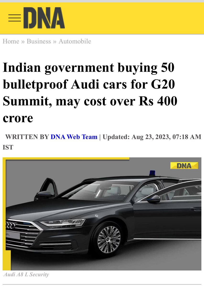 SaketGokhale's tweet photo. In today’s shocking news:

For a 2 day PR event for PM Modi in the run up to the 2024 elections, the Modi Govt is spending Rs. 400 crores for buying 50 armored cars. 

Get this: Rs. 400 crores for cars to be used for JUST 2 days? 

This would’ve been much cheaper if  existing or leased cars were taken & refurbished & reinforced.

But the Indian taxpayer will spend Rs. 400 crores for PM Modi’s vanity just so that he can please visiting G20 foreign dignitaries & use their photo-ops for his election PR.
