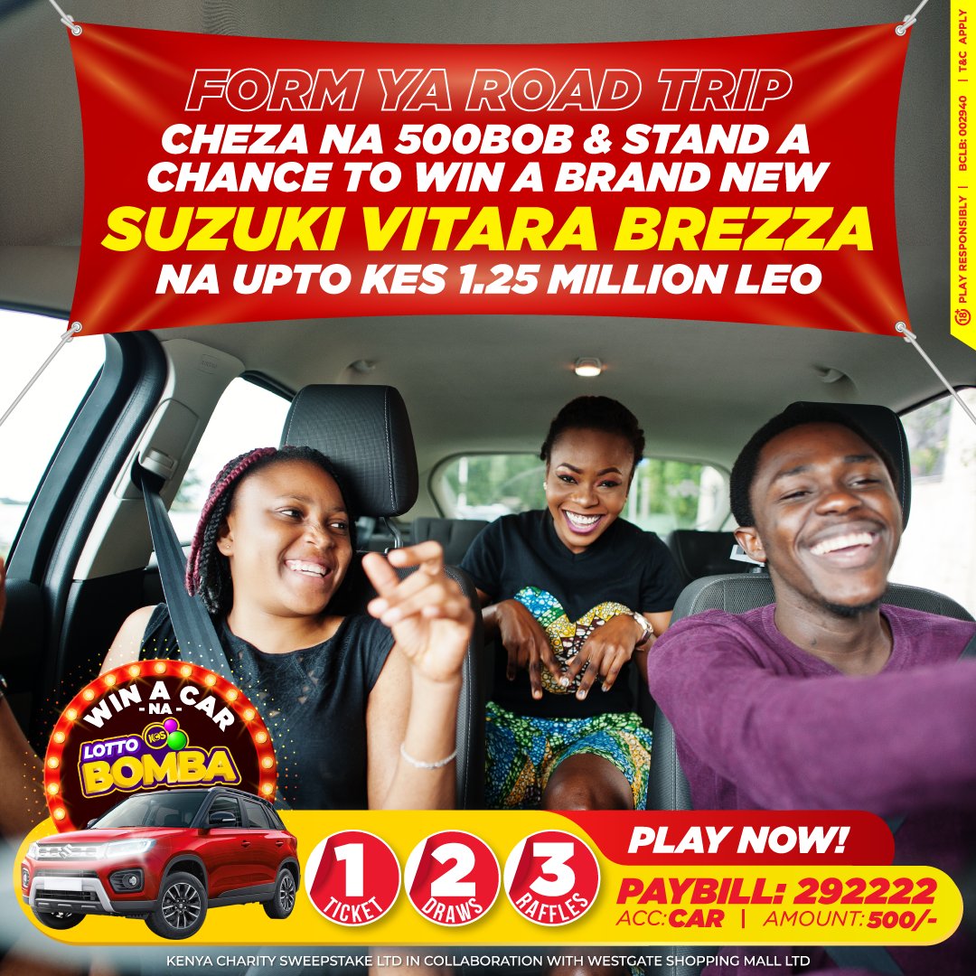 KCS_Kenya's tweet photo. Jishindie gari and enjoy! A brand new Suzuki from LOTTO BOMBA & @WestgateMallKe could be yours! Mpesa 500 PAYBILL 292222 Account CAR
PLAY NOW!! Upto 1.25MILLION at 9pm on the DAILY DRAW!
#50yearsofwinning
#WinACarNaLottoBomba
#westgatemall #beawinner #ItCouldBeYou https://t.co/WgWBZuagbQ