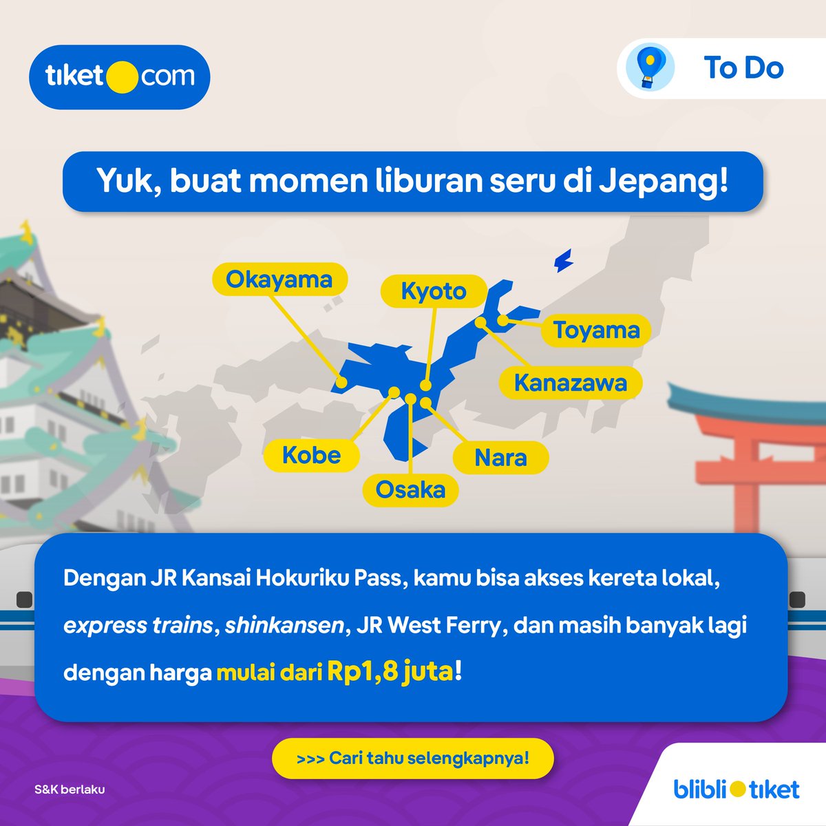tiket's tweet photo. Yap, OSAKA!
Buat kamu yang mau liburan ke Jepang, datengin nih, Japan Travel Fair di Kota Kasablanka tanggal 25-27 Agustus 2023.
Di sini bisa beli JR Kansai Hokuriku Pass buat eskplor ke kota-kota di Jepang!π
#Bulatkantiketmu #JapanTravelFair2023 #JTF2023 #jntoid https://t.co/qWeT1MfWvm