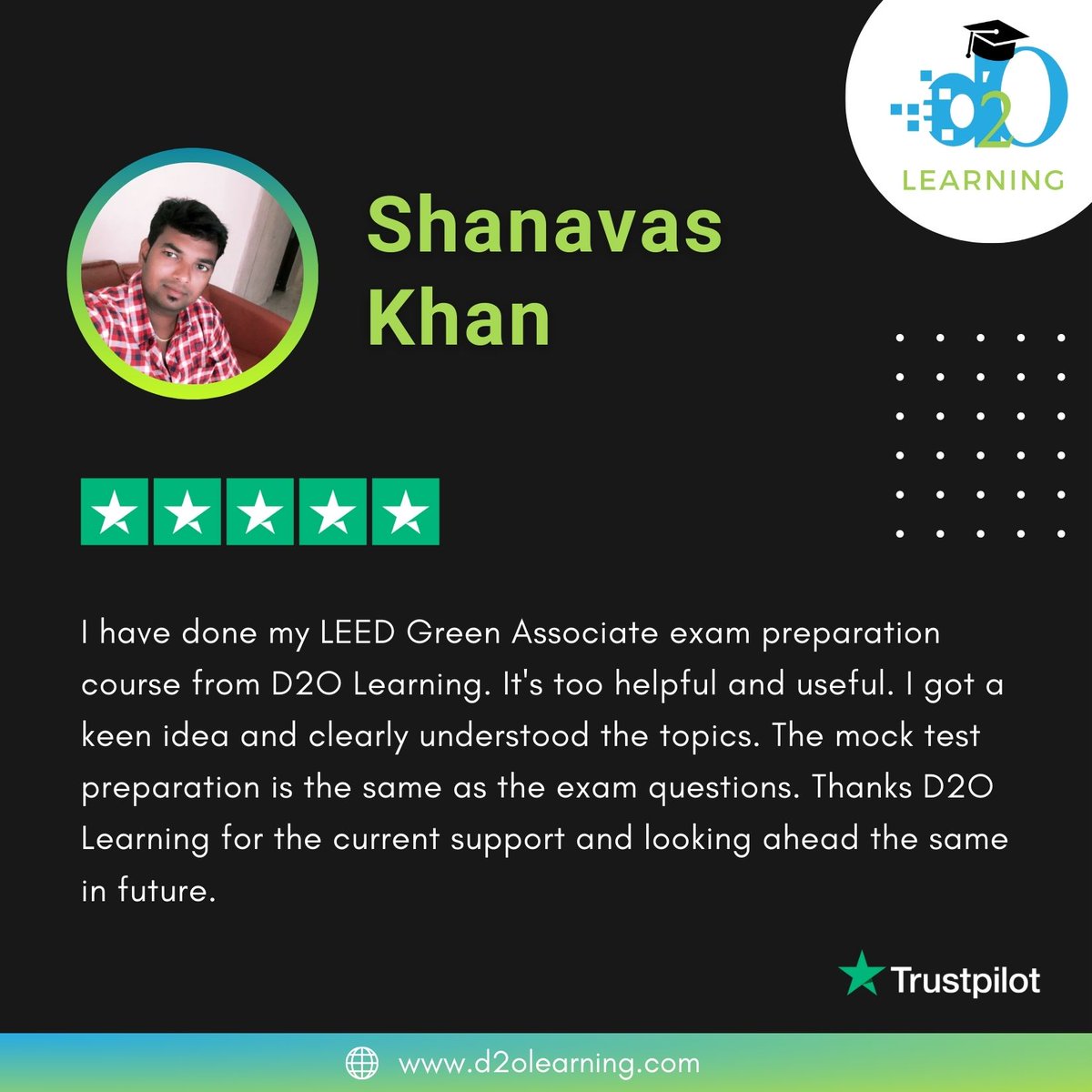 D2OLearning's tweet image. 🌟 Thanks, Shanavas Khan, for sharing your positive LEED GA exam prep experience! Your feedback on our clear and helpful course is appreciated. 

@Design2O 

#LEEDGreenAssociate #d2oscholar #learningjourney