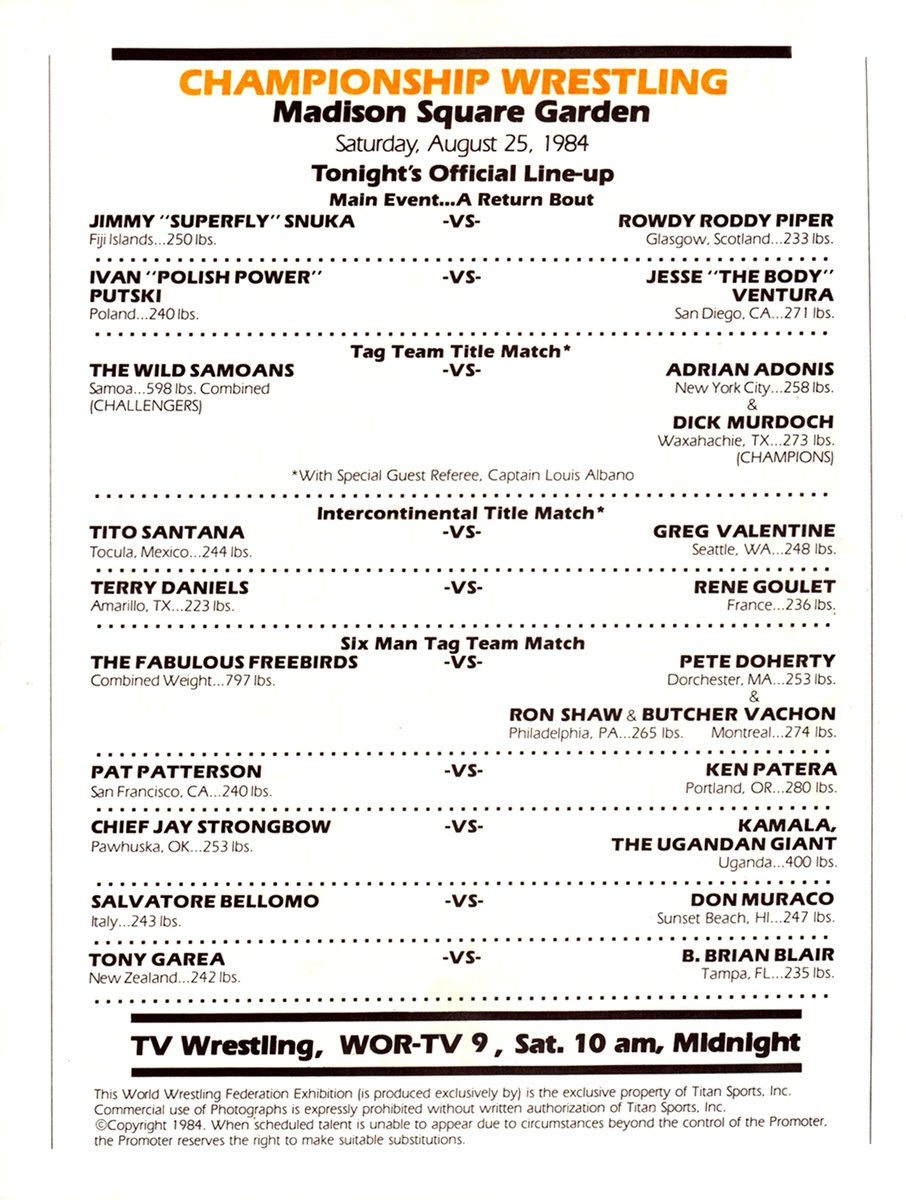 On this day in 1984: WWF Event card from Madison Square Garden, New York. #WWF #WWE #Wrestling #ChampionshipWrestling #MSG