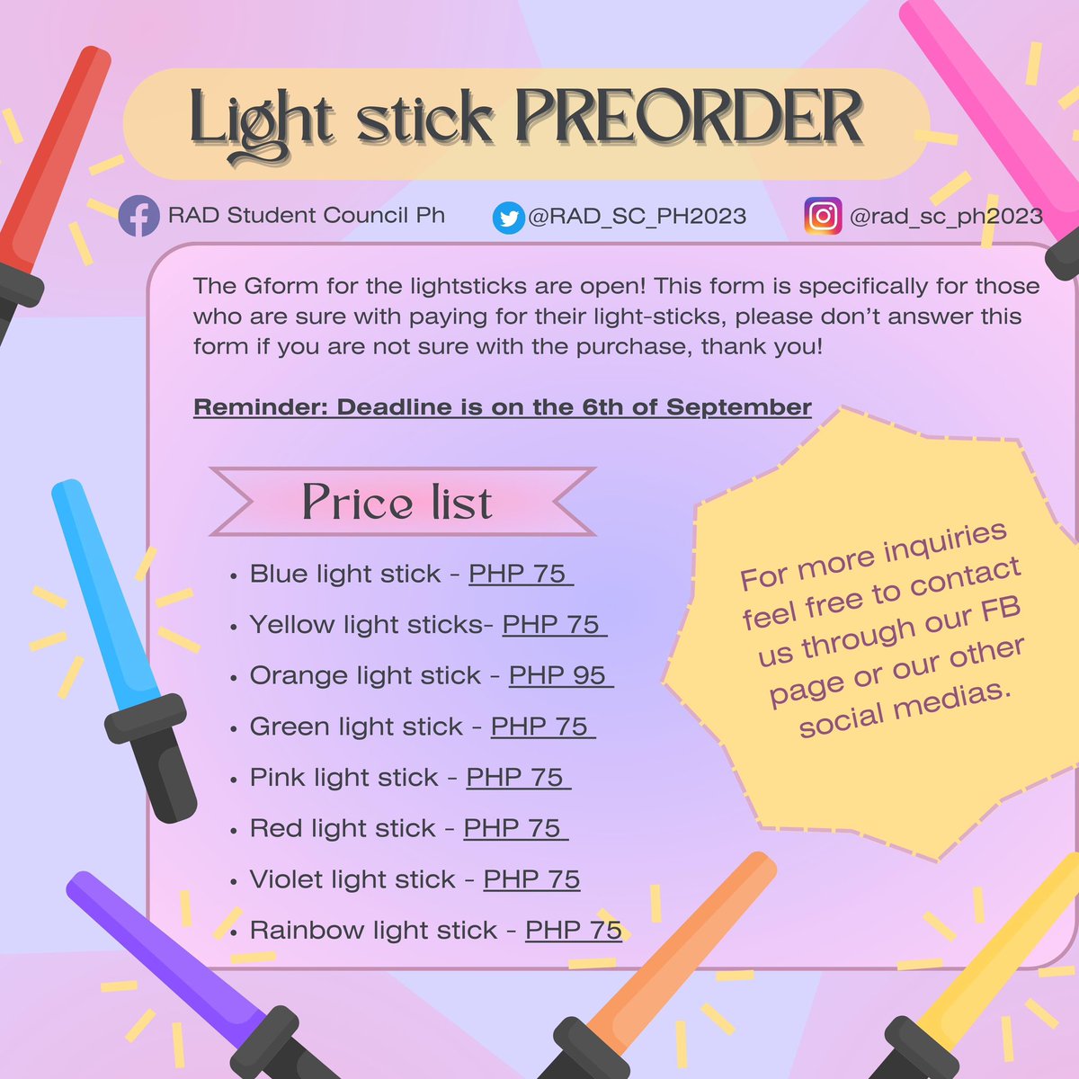 RAD_SC_PH2023's tweet photo. Want to enjoy and show your support for Miura Ayme’s performance during Best Of Anime 2023?

We’ve opened preorders for light sticks!

FORMS ARE OPEN! https://t.co/y8h81r24MA

Deadline on the 6th of Sept #AymeatBOA2023 #RADStudentCouncilPH https://t.co/SFz8ZLrR5Q