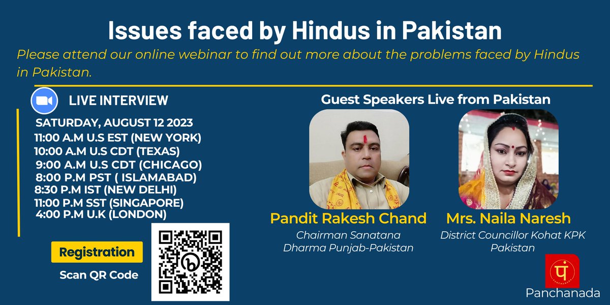 panchanada's tweet photo. #Panchanada  "Issues Faced by Hindus in Pakistan" - Saturday, August 12, 2023.  Webinar featured a live address from Pandit Rakesh Chand, Chairman Pakistan Sanatana Dharma and Mrs. Naila Naresh, District Councilor Kohat Khyber Pakhtunkhwa. https://t.co/hXphNTfJHR https://t.co/1bLca2f7Zo