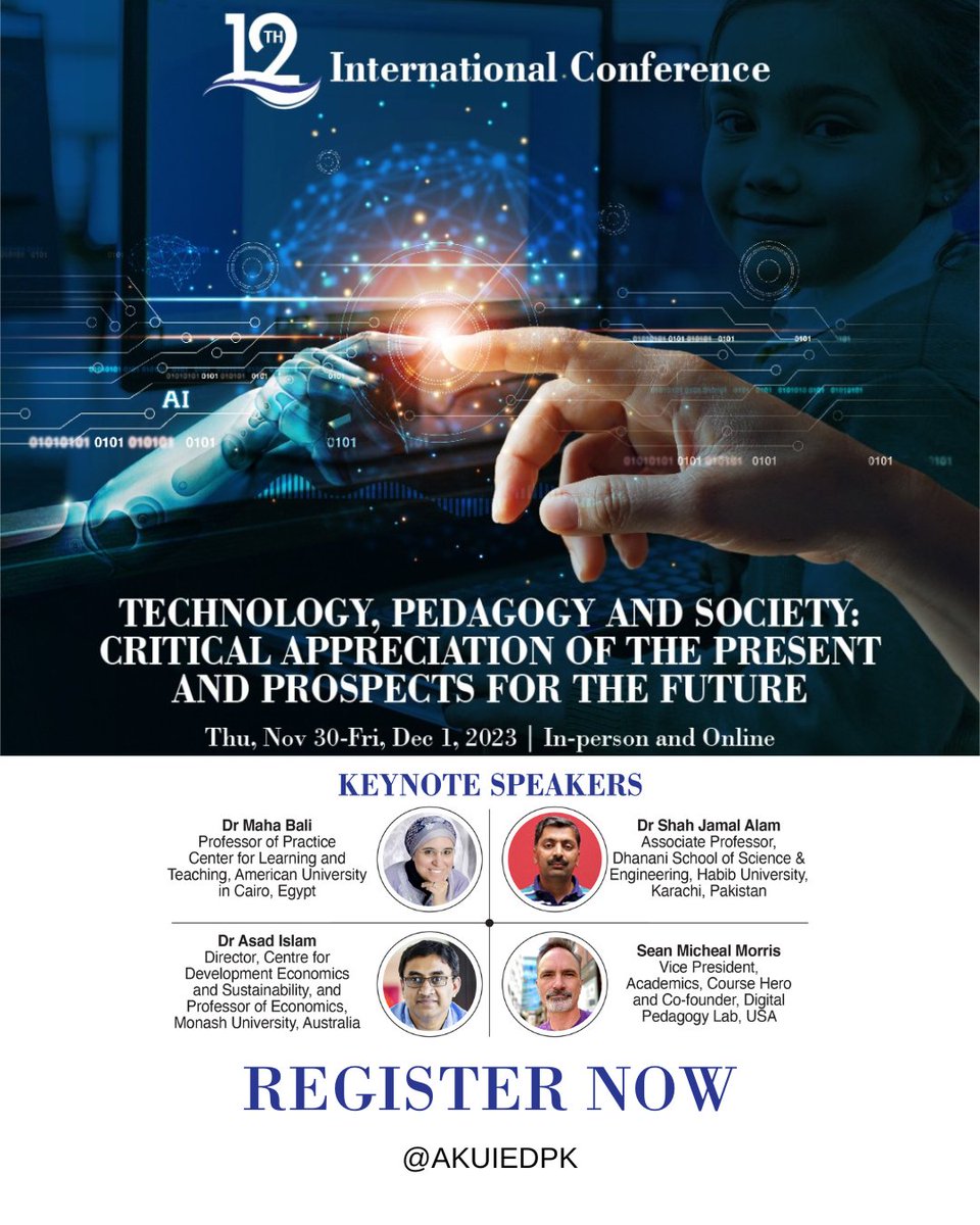 akuiedpk's tweet photo. 📣Registrations are OPEN for our 12th International Conference which seeks to highlight the interaction between technology, pedagogy & society.
Don't miss out on the opportunity to hear from esteemed keynote speakers!
Register+more info👉https://t.co/HQirvZv7fN
#IEDConference https://t.co/OUE8hglxYc