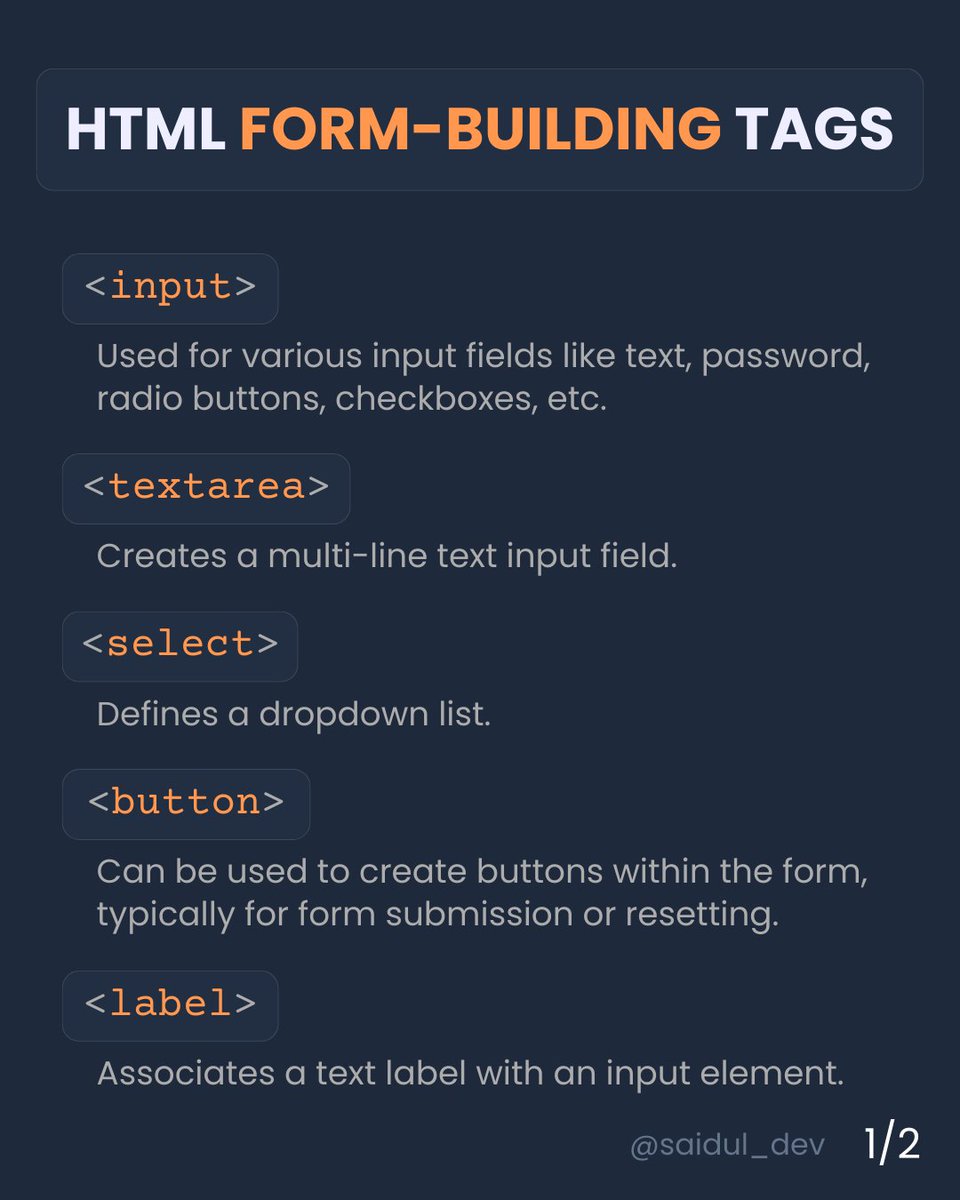 saidul_dev's tweet image. HTML Form-Building Tags Explained 1/2,

in visual presentation.

&amp;lt;&amp;lt;Thread🧵&amp;gt;&amp;gt;
[ Bookmark for future 📘]

TOPIC COVER:
    ▪️ &amp;lt;input&amp;gt;
    ▪️ &amp;lt;textarea&amp;gt;
    ▪️ &amp;lt;select&amp;gt;
    ▪️ &amp;lt;button&amp;gt;
    ▪️ &amp;lt;label&amp;gt;