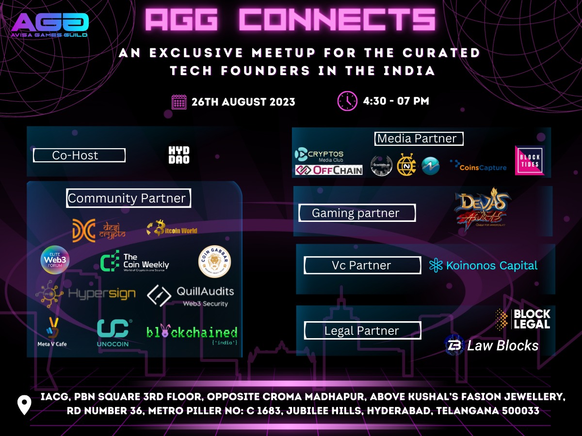 🥳Peeps in #Hyderabad ,Join us at #AGGConnects Co-hosted by @hyderabaddao! 💻🤝 Block the calendar: August 26th Time: 4:30PM to 7PM IST 📍IACG MULTIMEDIA College- Jubilee Hills, Hyderabad, Telangana Secure your spot by registering here: lu.ma/m0oemmc1 #BLOCKCHAIN