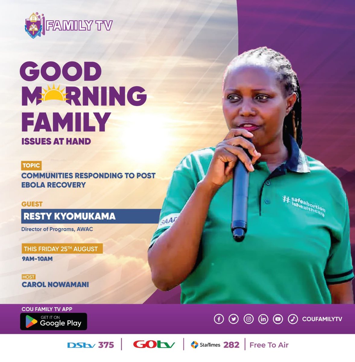 📣📣📣Coming Up! 

Communities responding to post Ebola recovery.

Starting at 09:00AM, EAT, on #FamilyTV

#CAHIVPlus

@WHOUganda @UNAIDS_UG @MinofHealthUG 

@NAFOPHANU #UNNB