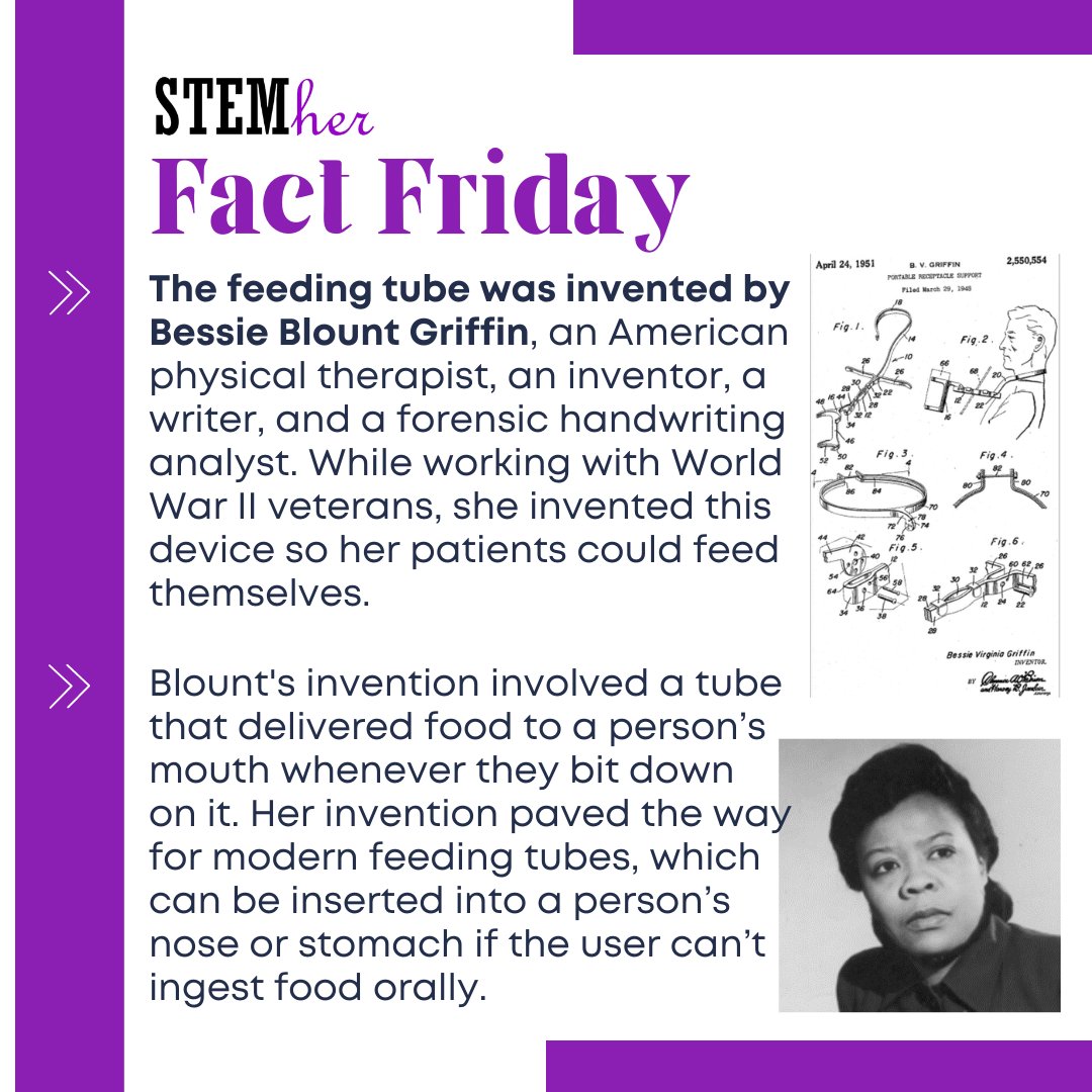 STEMher_'s tweet photo. The feeding tube was invented by Bessie Blount Griffin, an American physical therapist, an inventor, a writer, and a forensic handwriting analyst. While working with World War II veterans, she invented this device so her patients could feed themselves. #factfriday #womeninstem https://t.co/tvPX1kas9M