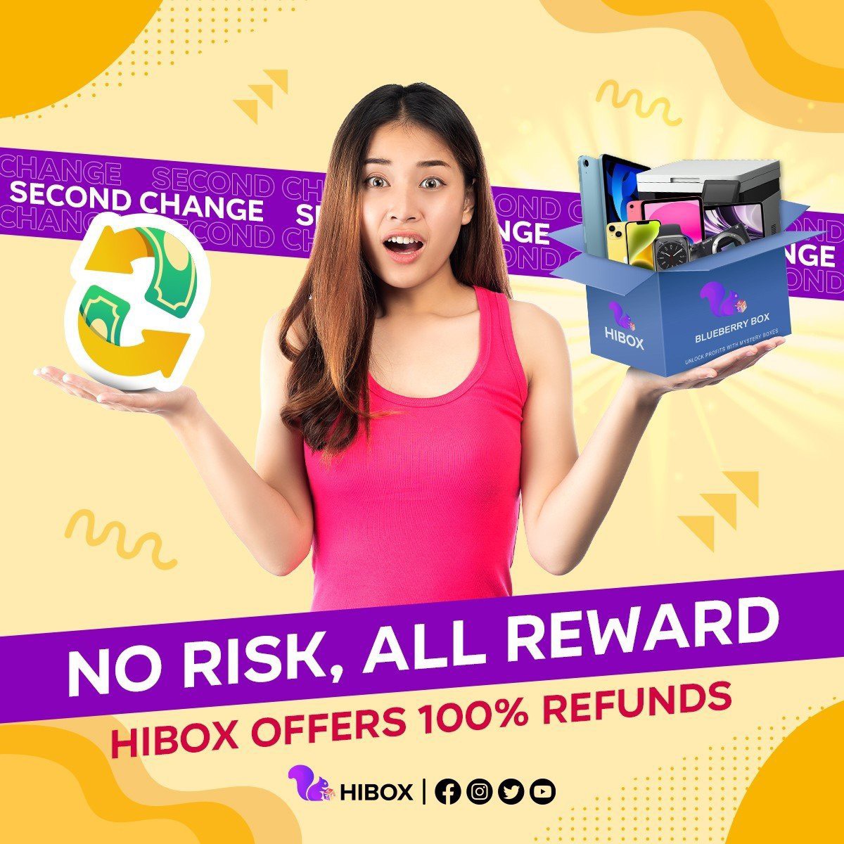 Mitrakaurhere's tweet photo. "RECEIVE 100% REFUND AFTER UNBOXING"

📣If you're not satisfied with your mystery box item and resell it, you will receive a 100% refund.

Don't fret - HIBOX has you covered! With our unique "Refund" feature, you can dive into the world of mystery boxes with confidence.🤑💰 https://t.co/JCGBlwXEow