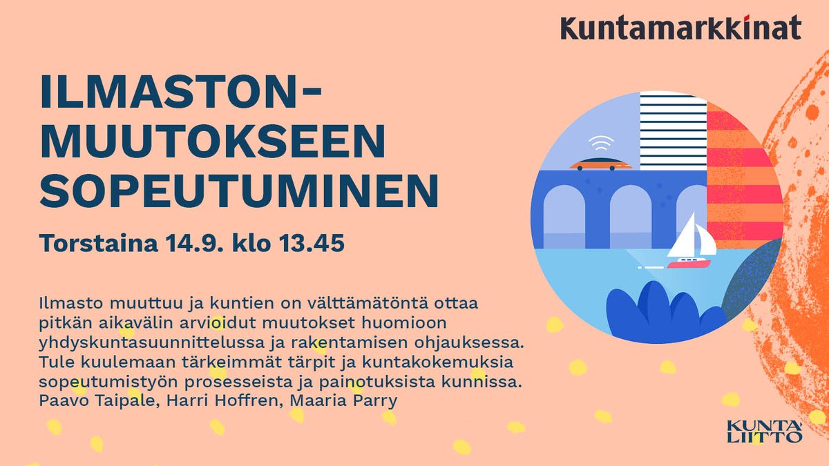 🌍#Ilmasto muuttuu ja kuntien on välttämätöntä ottaa pitkän aikavälin arvioidut muutokset huomioon yhdyskuntasuunnittelussa ja rakentamisen ohjauksessa. 
👉Tule kuulemaan tärkeimmät tärpit ja kuntakokemuksia sopeutumistyöstä.
⏰To 14.9. klo 13.45 @kuntamarkkinat
#Kuntamarkkinat