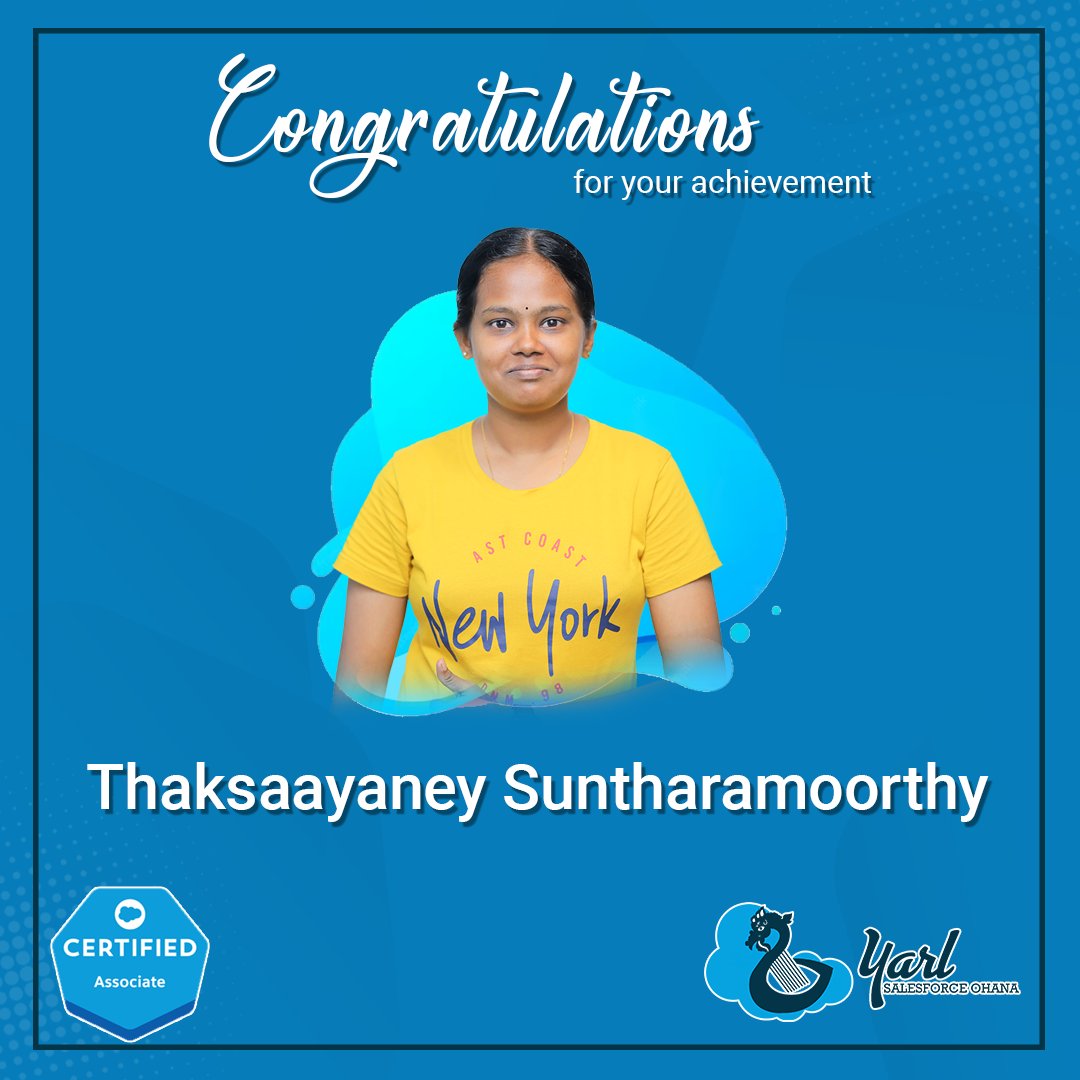 YarlSFO's tweet image. We are excited to announce a new #CertifiedPro from our #Salesforce Ohana. Congratulations to @ThakshiMoorthy for successfully completing #Salesforce Associate examination.
Wishing you to reach more heights in your Salesforce journey!
#Salesforce #Yarlsfo @salesforce  @trailhead
