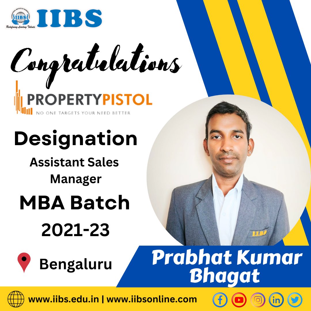 iibsonline's tweet photo. Congratulations Prabhat Kumar Bhagat, on your #placement as a #Sales #Business Development Associate at Property Pistol from the #IIBS #MBA Batch of 2021-2023! Good luck!
#IIBS #Placement #VirtualPlacementDrive #MBA #PGDM #FutureLeaders #CareerOpportunities https://t.co/a4GqjKq3Mp