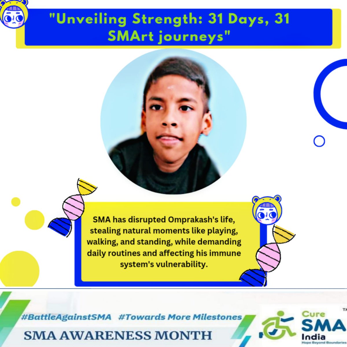 curesmaindia's tweet photo. Sharing the poignant #SMAjourney of 8.5-year-old Omprakash ,a Type 2 warrior from Tamilnadu. His battle highlights the urgent need for life-saving medication. Let's hope Omprakash gains access to the medicine he requires soon. 🙏 #SMAAwareness #MedicalAccess
#Risdiplam #Spinraza 
@rocheindia 
@biogen