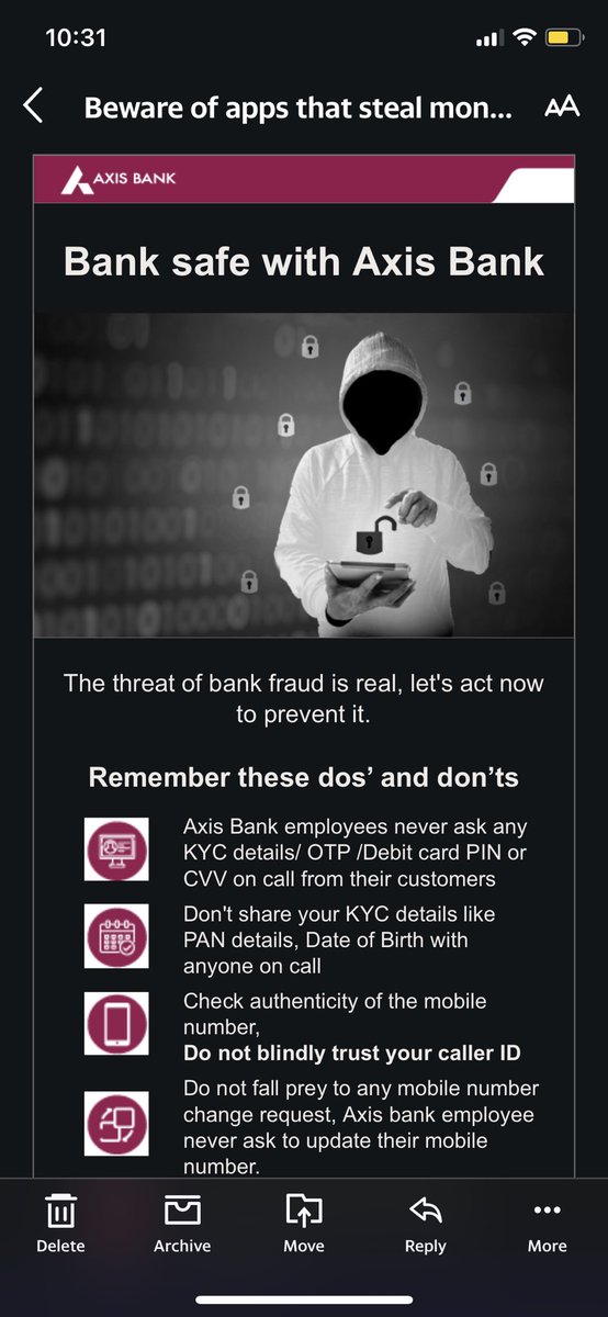 yashkedia_'s tweet photo. Hats off to @AxisBank most contradictory post. The bank who stole my money is waring for Fraud. Axis bank Willingly stopped huge amount from my saving account and even not answering why and not giving any document. @RBI https://t.co/5Iaze5t90S