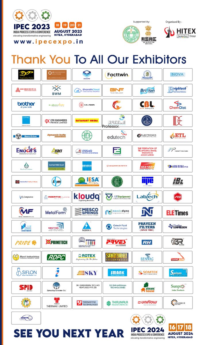 We are delighted to extend our heartfelt gratitude to all the exhibitors who have shown their unwavering confidence in us by participating in @IPEC_EXPO. Your presence and contributions have been instrumental in making this event a remarkable success.

#indiaprocessexpo #ipec2023