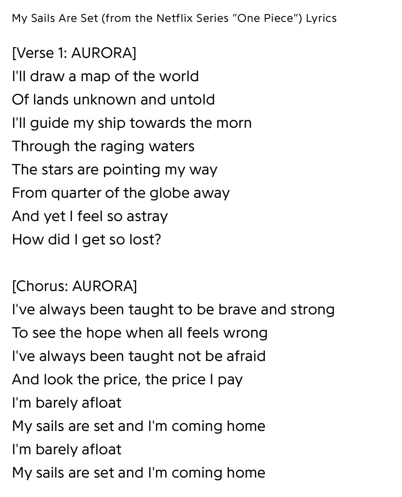 My Sails Are Set (feat. AURORA) - One Piece [Lyrics] 