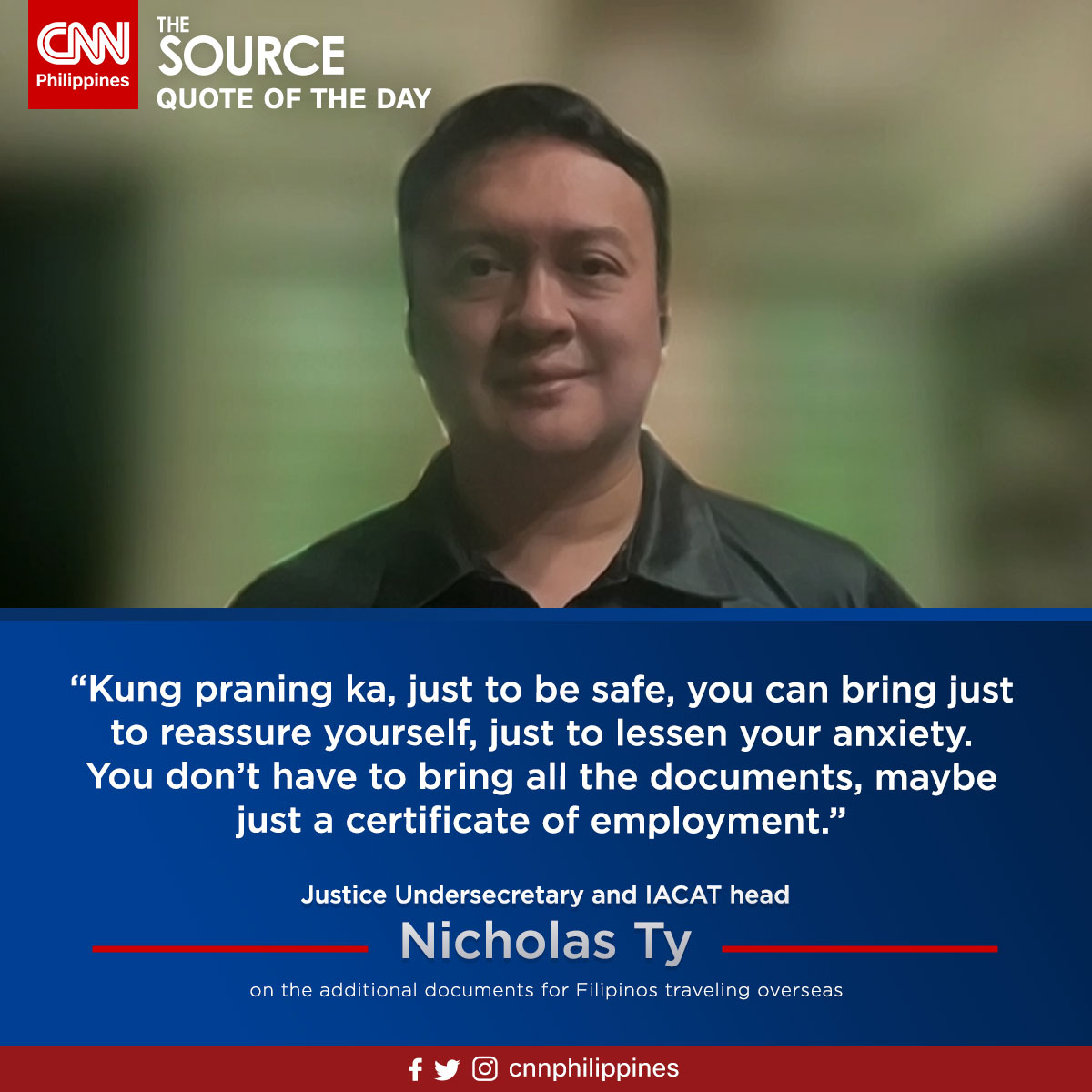 newswatchplusph's tweet photo. #TheSource: Justice Undersecretary and IACAT head Nicholas Ty has advice for Filipino passengers following the issuance of the revised guidelines for overseas travel.

Related: https://t.co/rCPKmlFDQ6 https://t.co/JRp3KjlO3I