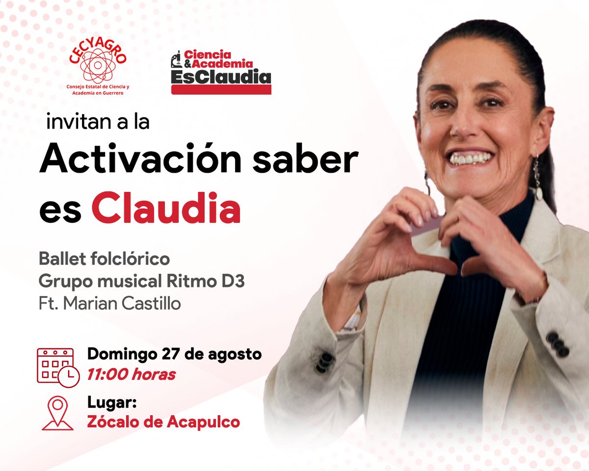 cecyagr's tweet photo. El @cecyagr y @CyAcademia  te invitan a la Activación saber es Claudia, el día domingo 27 de agosto del presente año, a las 11:00 horas, en el #Zocalo de #Acapulco de Juárez, Guerrero. https://t.co/WHv6J8gB2Q
