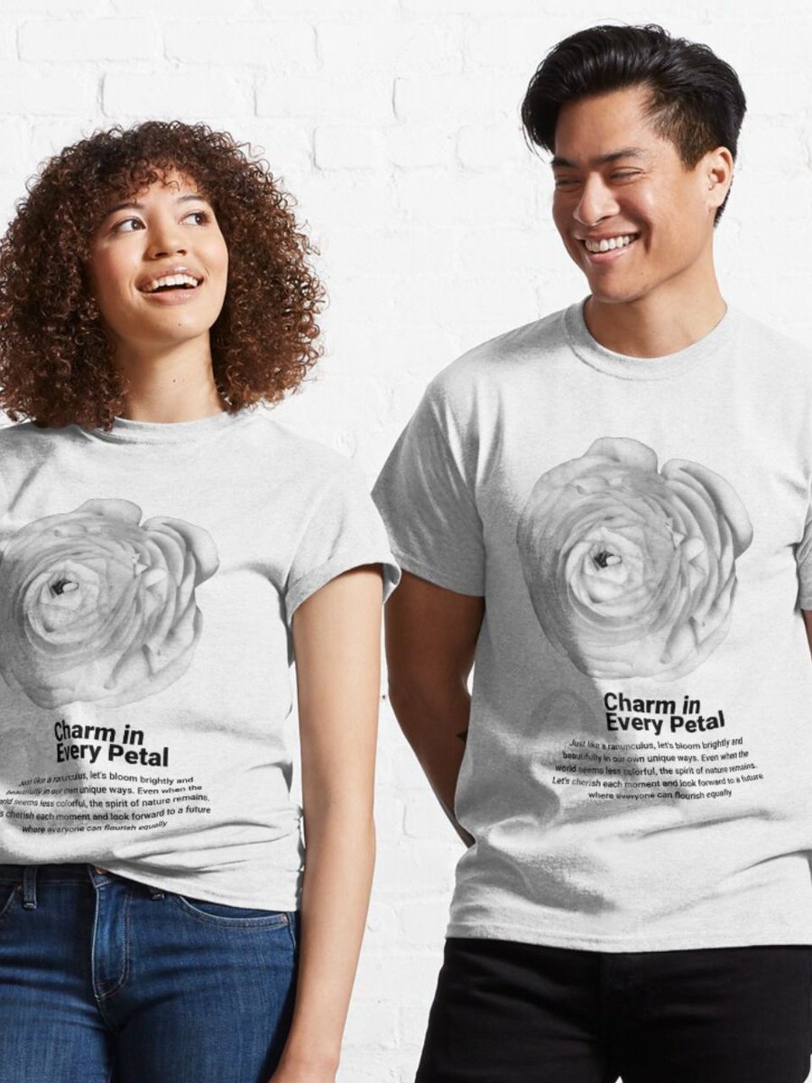 ecoartique's tweet photo. A T-shirt featuring a beautiful monochrome design of a ranunculus flower. It carries a subtle message symbolizing care for the environment and equality for all #monochromedesign #Tshirt https://t.co/bmDcQ3pqgT