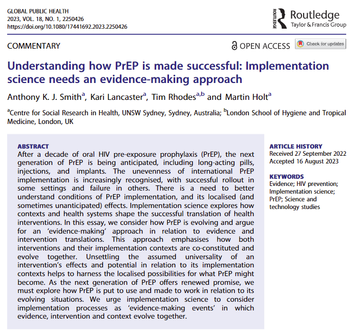 New #OpenAccess commentary in Global Public Health on evidence-making interventions and PrEP. Reflecting on PrEP implementation and social science, we argue that the situations of implementation are vital to understanding how PrEP is made 'successful'. tandfonline.com/doi/abs/10.108…