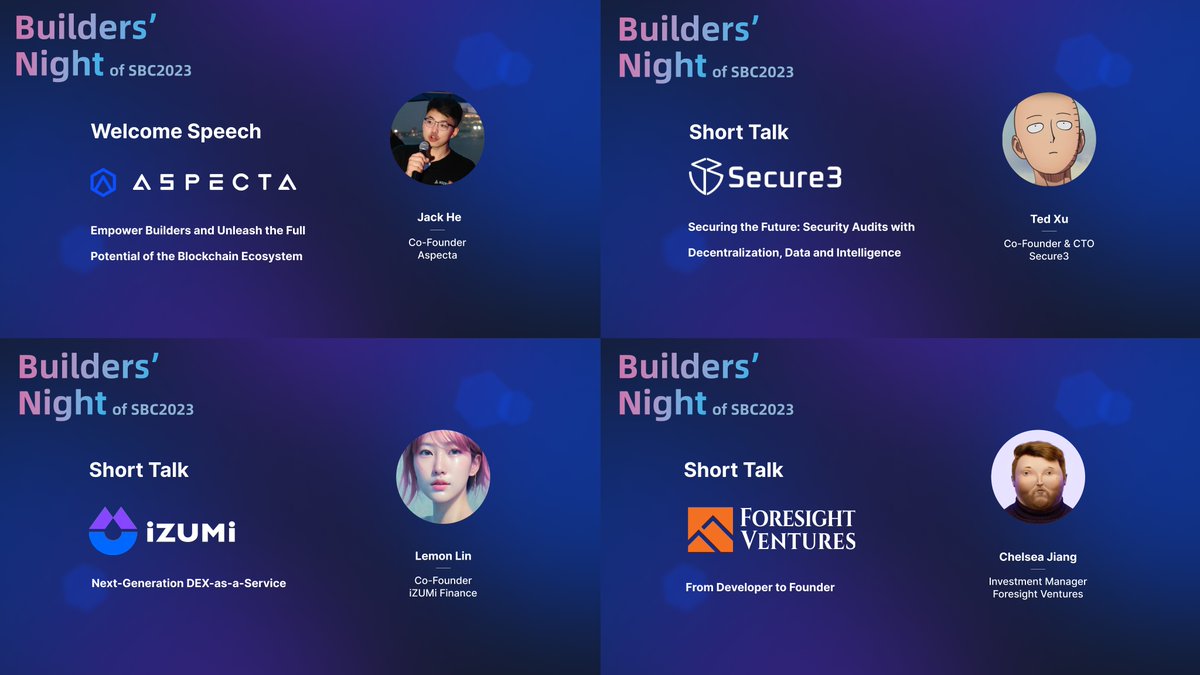 🔥 Meet the first group of speakers who will light up the stage! 🚀 The welcome speech will be given by @aspecta_id, followed by three short talks lined up, featuring @secure3io, @izumi_Finance, and @ForesightVen.