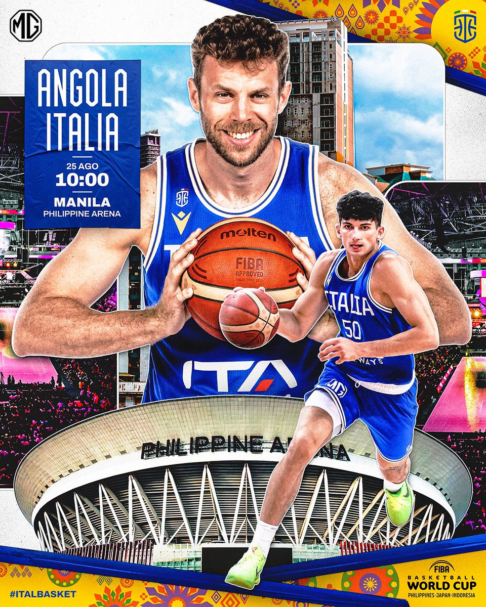 Italbasket's tweet photo. È finalmente 𝗾𝘂𝗲𝗹 giorno. 
Inizia @FIBAWC: 𝗚𝗔𝗠𝗘𝗗𝗔𝗬 💙

🇦🇴 vs 🇮🇹 
⏰ 10:00 CET
📍 Philippine Arena, Manila
📺 @RaiDue, @SkySport Summer e @DAZN_IT 

Andiamo, Azzurri 🔥

#Italbasket | #FIBAWC #WinForItalia https://t.co/Nilb5pM4Uk