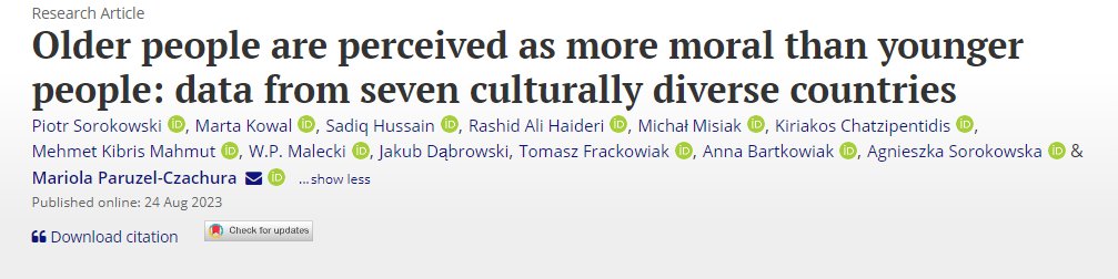 Marta Kowal (@marta7kowal) on Twitter photo Do you sometimes feel old? Turns out, age might come with an extra sprinkle of perceived morality! tandfonline.com/eprint/KDHTDVY…
With amazing Co-Authors, including <a href="/Mariola87880133/">Mariola (shorter: Maja) Paruzel-Czachura</a> <a href="/misiak_mchl/">Michal Misiak</a> <a href="/WP_Malecki/">W.P. Malecki</a> et al. Do you sometimes feel old? Turns out, age might come with an extra sprinkle of perceived morality! tandfonline.com/eprint/KDHTDVY…
With amazing Co-Authors, including <a href="/Mariola87880133/">Mariola (shorter: Maja) Paruzel-Czachura</a> <a href="/misiak_mchl/">Michal Misiak</a> <a href="/WP_Malecki/">W.P. Malecki</a> et al.
