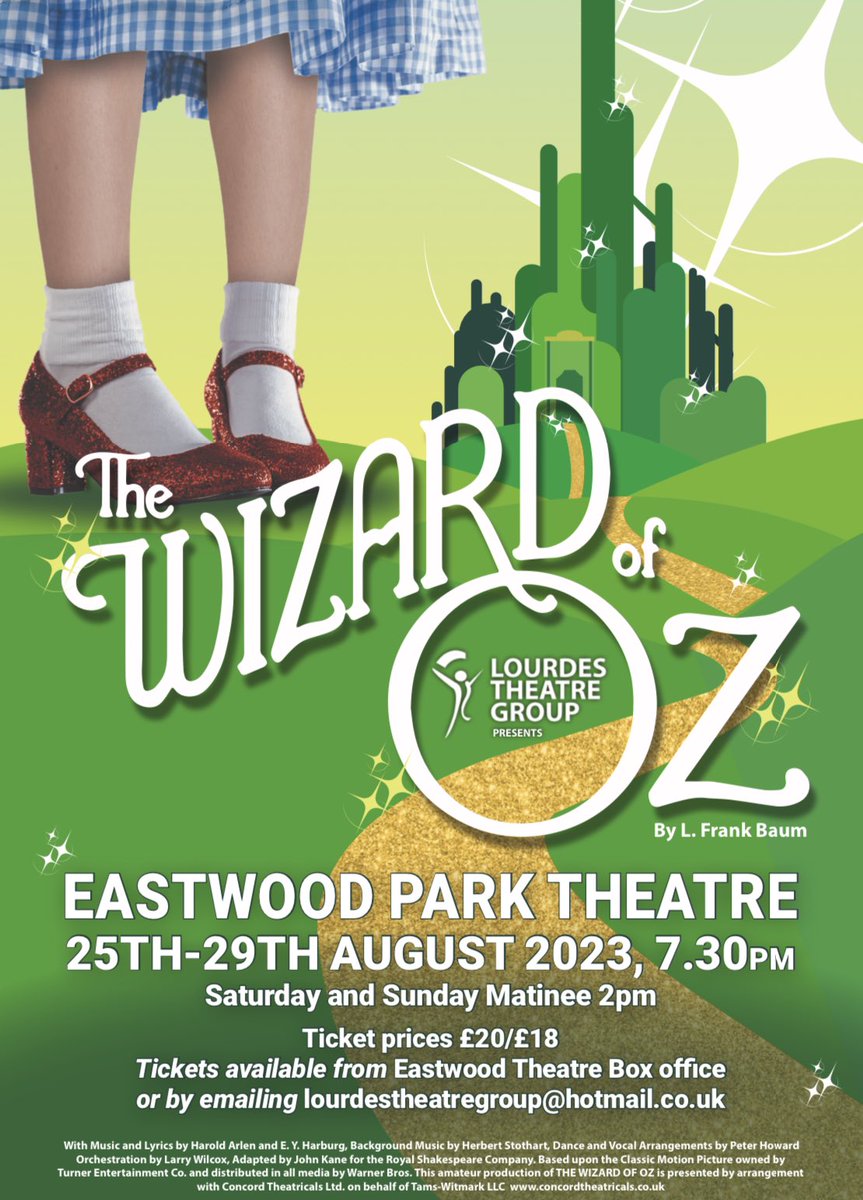 Fancy a night at the theatre ? 

Lourdes Theatre Group are performing The Wizard of Oz from today until next Tuesday in Eastwood Park Theatre. 

Tickets can be bought directly through Eastwood Box Office! 

Come along and support your local theatre company 🎭