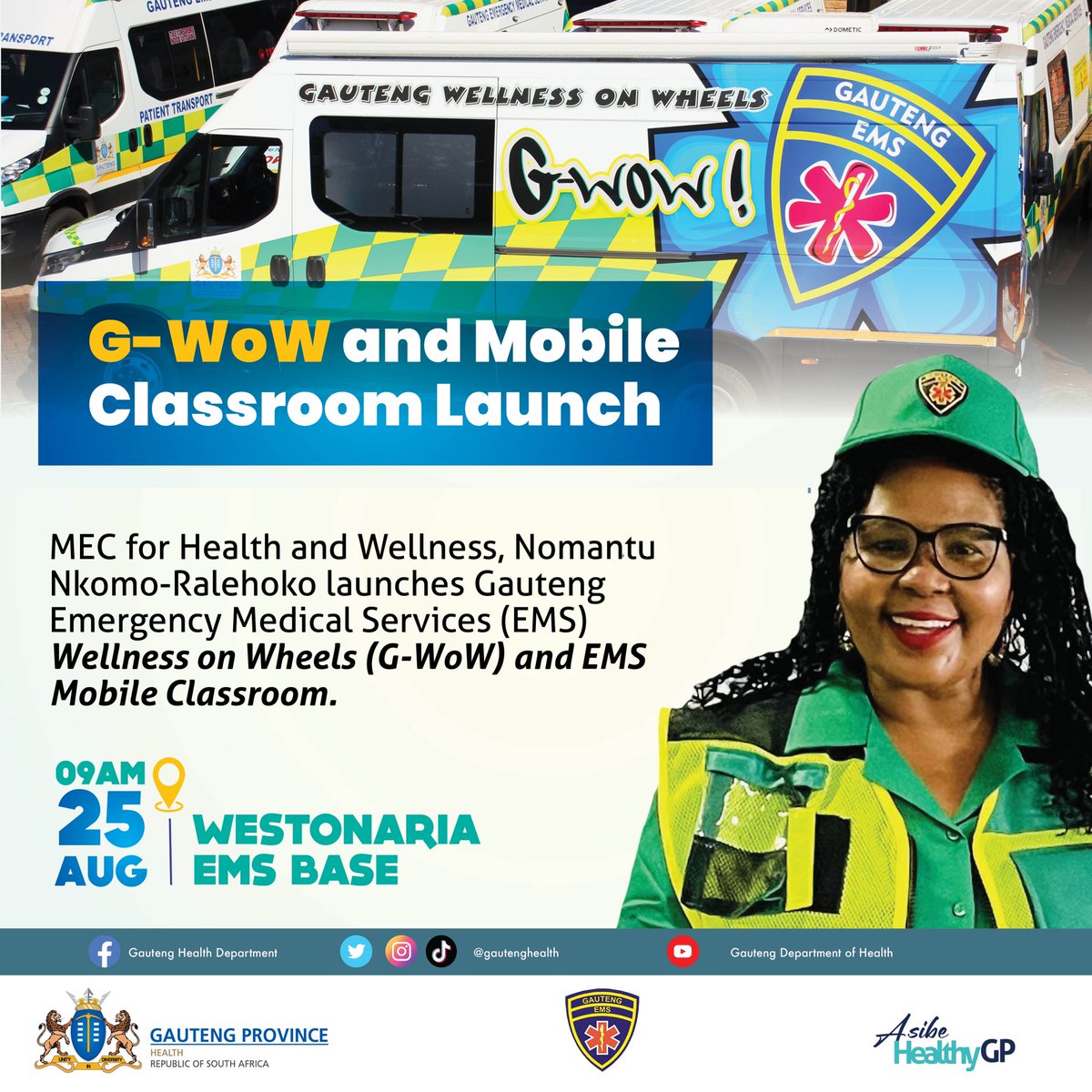 Gauteng Health (@gautenghealth) on Twitter photo In response to challenges faced by <a href="/GautengEMS/">Official_GautengEMS</a> personnel including amongst others, danger & emerging criminal attacks against paramedics, and violence & harassment when dealing with hostile patients, MEC <a href="/NkomoNomantu/">Nomantu Nkomo Ralehoko</a> is launching the Gauteng Wellness on Wheels #AsibeHealthyGP In response to challenges faced by <a href="/GautengEMS/">Official_GautengEMS</a> personnel including amongst others, danger & emerging criminal attacks against paramedics, and violence & harassment when dealing with hostile patients, MEC <a href="/NkomoNomantu/">Nomantu Nkomo Ralehoko</a> is launching the Gauteng Wellness on Wheels #AsibeHealthyGP