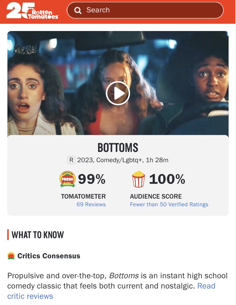 FilmUpdates's tweet photo. The Rotten Tomatoes score for Emma Seligman’s ‘BOTTOMS’ has increased to 99% from 69 reviews.

Starring Rachel Sennott and Ayo Edebiri. https://t.co/9mgRJm84Ps