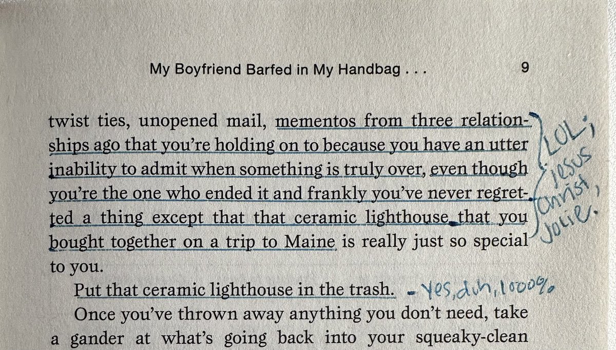 sklaravich's tweet photo. I found my annotations from #MyBoyfriendBarfedInMyHandbag (why annotate a cleaning book? Probably because I’m insane), and now I’m wondering if @joliekerr has published a self-help book yet. https://t.co/yhmIcAFUec