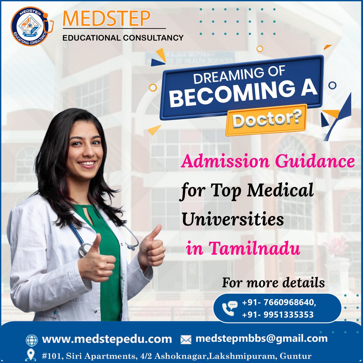 Dreaming of Becoming a Doctor ?
email :medstepeduservices@gmail.com
visit  :medstepedu.com
#MedicalGuidance #besteducationalconsultancy #mbbsadmission
#TopMedicalColleges #neetscore ##admissionguidance #medstepconsultancy #TopMedicalColleges