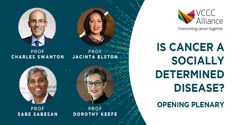 VCCCAlliance's tweet photo. Is #cancer a socially determined disease? Your postcode, ethnicity and even who you love can impact your cancer care and outcomes.

Witness the opening plenary of our 2023 Research Conference: Professors @CharlesSwanton, @JacintaElston, @Sabesan68 and @CEOCancerAus #VCCCA23 🚀
