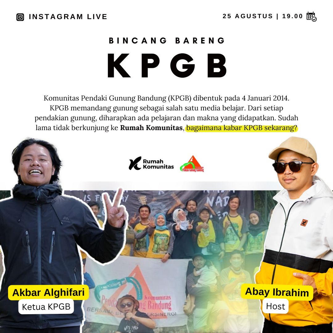 Rumah Komunitas pernah menjadi tempat berkumpulnya KPGB utk sekedar nongkrong sampai jadi tempat menyusun agenda pendakian.  

Pastikan kamu nonton BINCANG BARENG KPGB live di IG Rumah Komunitas, akan ada spesial GIVE AWAY ketika live berlangsung. 
#RumahKomunitas #KPGBandung