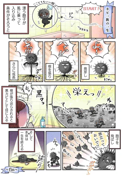 明日は #風呂の日 🛀

暑い日が続いていますが🥵
長雨で湿度の上がる秋に向けて☔️

/
今のうちにしっかりおさらい
お風呂の"カビ対策"👊
\

中島悠里さん @jimapahinasu のマンガで✍️

「撃退すべき敵(カビ)」のことを学んだら📖

ジメジメシーズンでカビが活動し始める前に、カビ対策スタート💪 