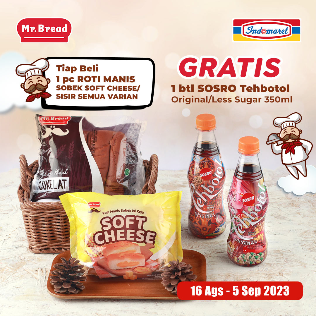 Dapatkan promosi beli 1 pc Roti Manis Sobek Soft Cheese / Sisir Semua Varian Gratis 1  btl Sosro Tehbotol Original/Less 
Sugar 350 ml lohhh. Menarik bukan? 😍

Yuk buruan datang ke indomaret terdekat😍😍
.
#indomaret #PromosiIndomaret