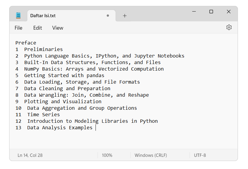 MikaelDewabrata's tweet photo. Ini buku ok buat yang mau mulai mencoba Python untuk analisis data. Bisa dibaca gratis.

Belakangan emang lagi rame soal Python in Excel yang dibantu oleh pendiri Python sendiri, Guido van Rossum. Sebelum nantinya fungsi PY di Excel ini bisa digunakan secara menyeluruh, tidak ada salahnya kita mulai ngulik Python untuk analisis data.
Buku keren ini memang banyak mengeksplor soal Python, tapi difokuskan ke kegunaannya untuk analisis data. Mulai dari dasar Python, syntax, library yang digunakan, sampai juga ada bagian yang membahas visualisasi. 

Selain terbit dalam bentuk buku, versi "Open Access" juga bisa dibaca secara gratis, dalam versi HTML. Karena perkembangan Python dinamis, versi ini juga memiliki revisi tergantung dari kekinian bahasa ini.

Di halaman web versi ini juga menyediakan contoh kodenya yang bisa diakses langsung. Untuk daftar isi bisa cek sendiri di sini:
Jika tertarik mempelajari dasar Python untuk Data Analysis, terutama menggunakan Numpy, pandas, Jupyter, juga bikin visualisasi pakai matplotlib, sepertinya buku ini boleh dijadikan bacaan. 

URL buku ini ada di postingan berikut ya.