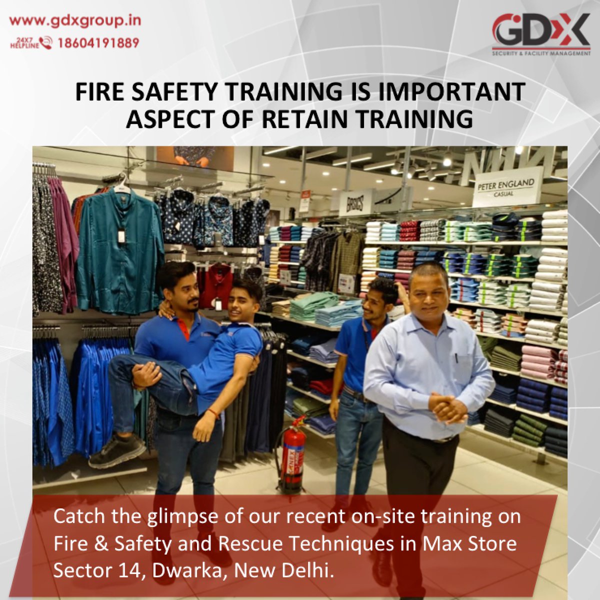 Catch a glimpse of our recent on-site training on Fire and safety and Rescue Techniques in Max Store Sector 14, Dwarka, New Delhi. #GDXGroup #GDXtech #GDXuniqueservices #GDX37YearsofServiceExcellence #SecurityServices #GDXtraining