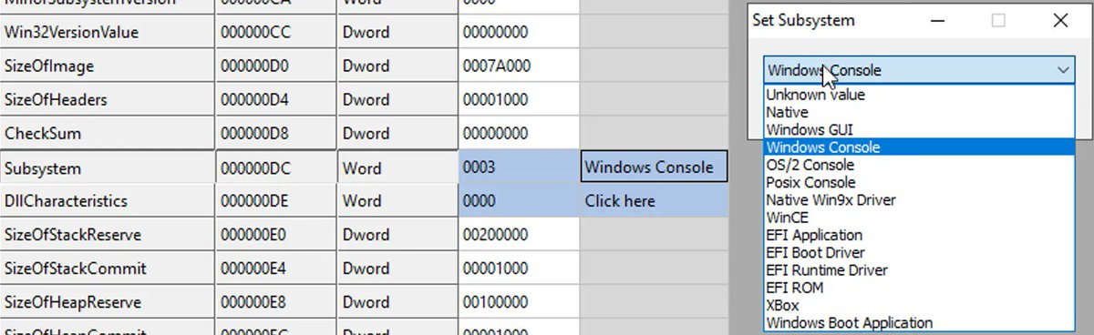 RE tip of the day: The Subsystem field of the Optional Header can tell us if malware is a driver (Native=1) or a user-mode program, either expected to create windows (Windows GUI=2) or purely console-based (Windows Console=3). #infosec #cybersecurity #malware #reverseengineering