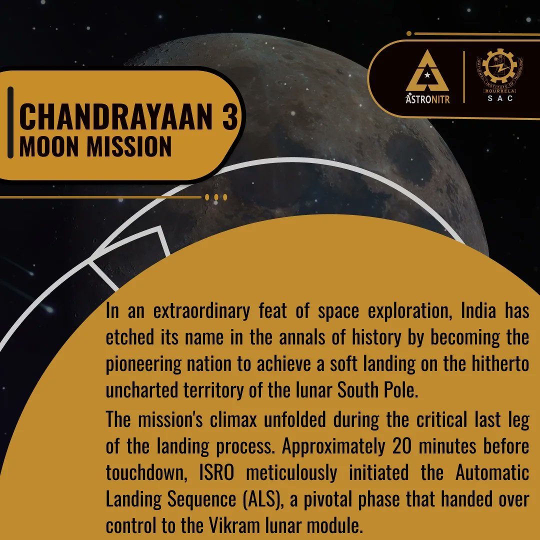 AstroNITR's tweet photo. "Chandrayaan-3: India's Next Lunar Leap." Exploring the Moon's mysteries continues as India achieves a historic feat by landing on the south pole of the Moon."🌕🔭💫 https://t.co/s3xrOd609Y