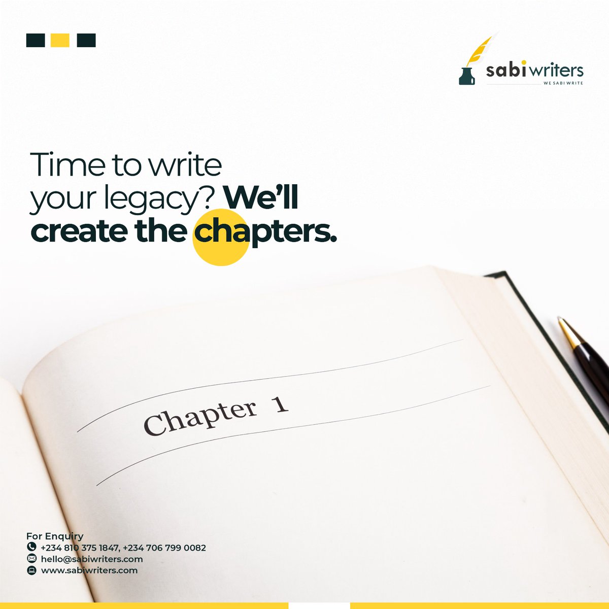 sabiwriters's tweet photo. Are you ready to leave your mark on the world?
Whether you are a busy professional, a family-oriented person or an adventurer, we can help you write your story.
To find out more about this service, mail us: hello@sabiwriters.com
#sabiwriters #wesabiwrite #biographywriting https://t.co/edL6ChooqF