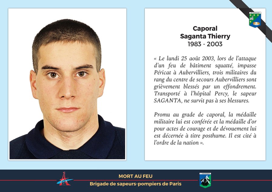 PompiersParis's tweet photo. ⚫#Hommage

La BSPP n’oublie pas.

Le 25 août 2003, le caporal Thierry Saganta de la 26e compagnie trouvait la mort lors d'un feu de bâtiment à Aubervilliers. Tous les lundis matin, son nom est cité lors de l’appel des morts au feu. https://t.co/QdE4zmc6tb