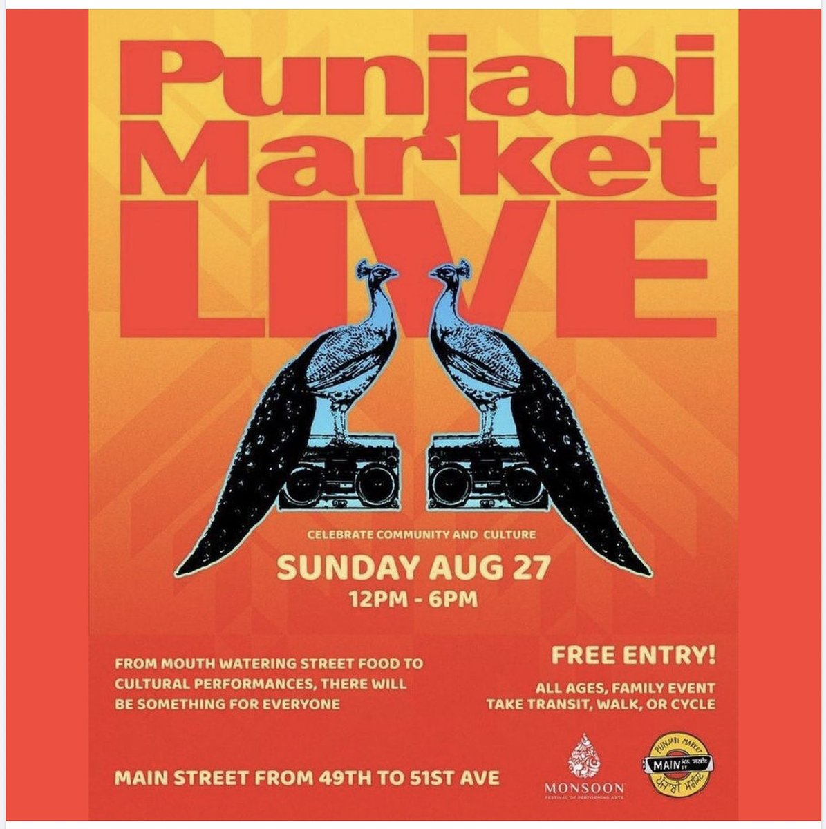 Celebrate #community and culture at Punjabi Market Live, Sunday, Aug. 27, 12 noon to 6pm, Main St., 49th to 51st. Street food, cultural performances.

#punjabimarket #streetparty #culturalevent #liveentertainment #streetfood #southvancouver